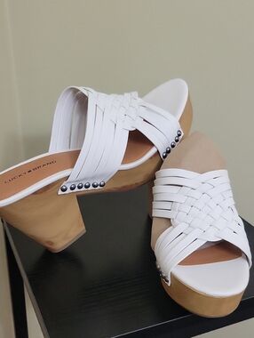 Lucky Brand White Woven Slide Sandal with Wood-Look Platform